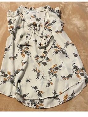 Jon & Anna Cream Floral Tie-Neck Ruffle Sleeve Blouse Sz S